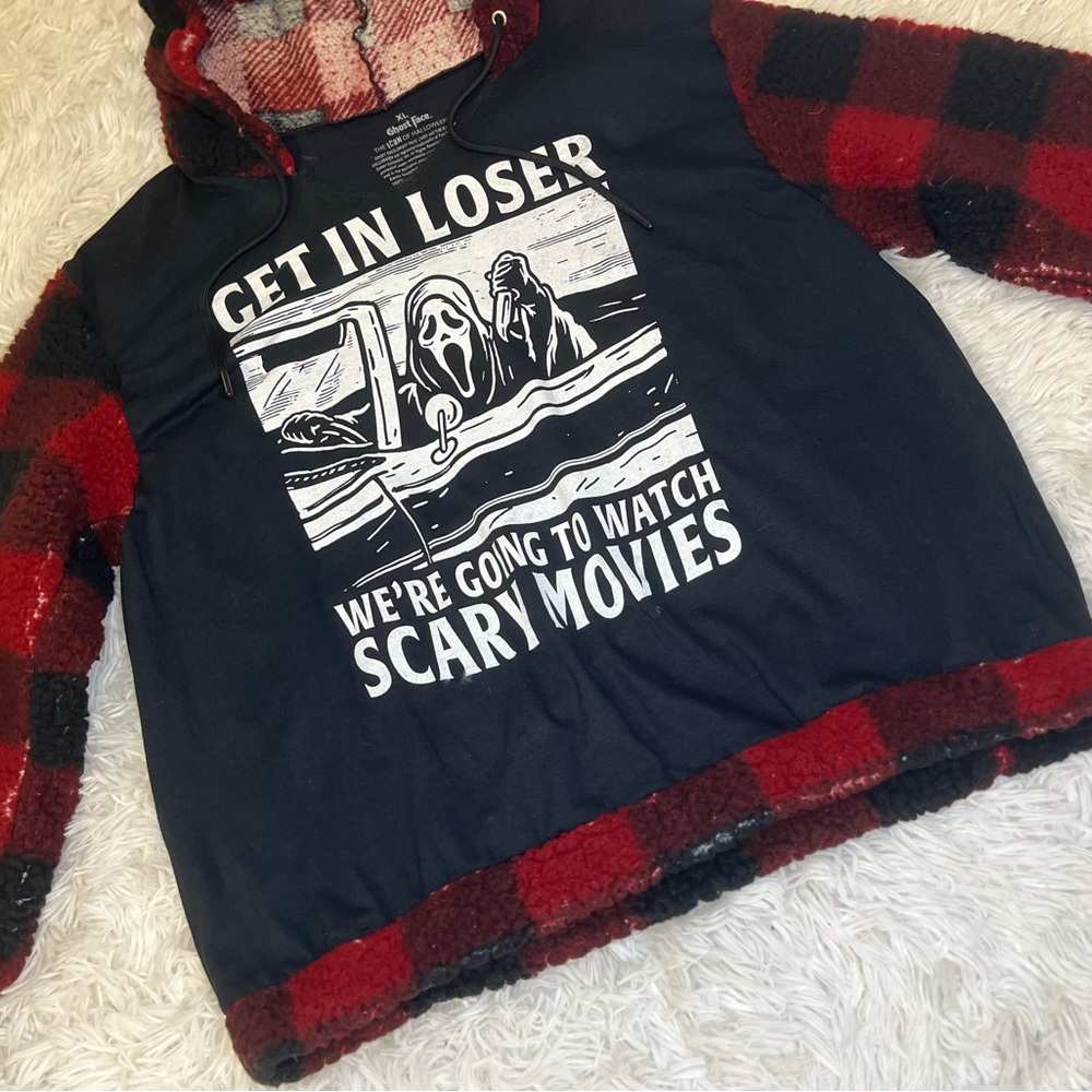 Red and Black Plaid Hoodie with Graphic Print